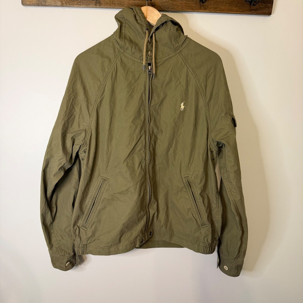 Polo Ralph Lauren Mens Olive Green Hooded Windbreaker Jacket Large Full Zip